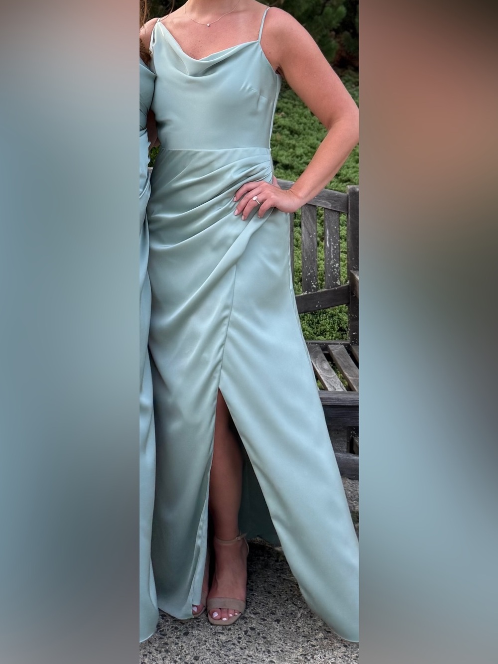 Birdy Grey Light Mint Satin Cowl Neck Gown with Front Slit
